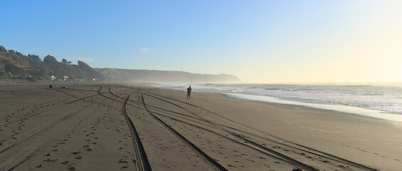 Wall Mural - Person walking in the distance on Sand beach during windy summer day on pacific ocean (Iloca, Chile)