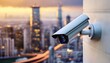 Urban surveillance camera overlooks the city skyline. Monitoring devices stand guard. Security equipment watches over urban expanse at dusk