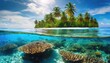 A tropical island with lush palms over a vibrant coral reef. Paradise emerges amidst the diverse underwater life.