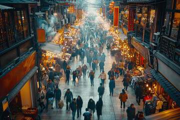 Wall Mural - A bustling marketplace crowded with vendors and shoppers, each moving in their own direction. Concept of commercial commotion. Generative Ai.