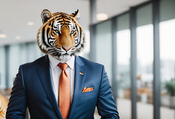 A man in a suit and tie standing in front of a window with a tigers head on his head.