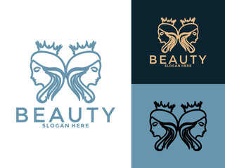 Wall Mural - beauty women with crown logo design inspiration, feminine woman logo vector template