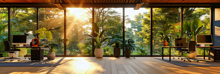 Wall Mural - Modern Home Garden View through Large Window, Bright Interior with Nature and Wooden Design