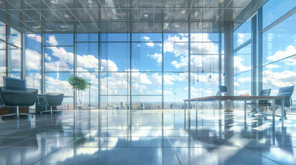 Poster - A large open office space with a view of the city. The room is filled with desks, chairs, and computer monitors. The atmosphere is professional and modern, with a focus on productivity