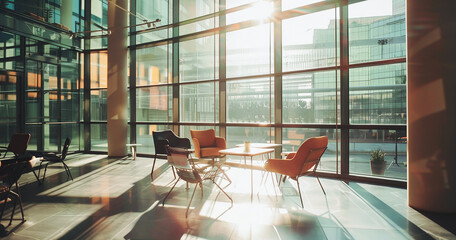 Poster - A large room with a lot of windows and chairs. The chairs are orange and there is a table in the middle of the room