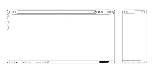 Wall Mural - Black and white internet browser phone app webpage, blank website template vector design. Editable lines web browser with icons illustration. Homepage mockup background illustration. 