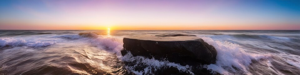 Wall Mural - Abstract illustration of a natural wild stone podium on a bright sea sunset background. Background and empty showcase for product presentation.	