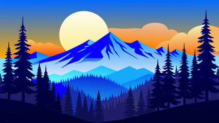 Wall Mural - Nature’s Palette: A Vibrant Vector Illustration of a Colorful Mountain Landscape with Sun and Trees