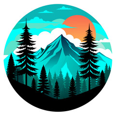 Wall Mural - Nature’s Palette: A Vibrant Vector Illustration of a Colorful Mountain Landscape with Sun and Trees