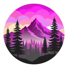 Wall Mural - Nature’s Palette: A Vibrant Vector Illustration of a Colorful Mountain Landscape with Sun and Trees