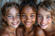 Three little lovely beautiful girls are smiling in summer.