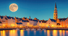 A Picturesque Town With Colorful Buildings And Boats In The Foreground, With A Full Moon Rising Over The Water In The