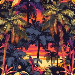 Wall Mural - A vivid, tropical sunset with silhouetted palms and exotic birds.