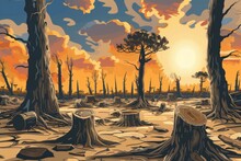 Deforestation In Drought Concept. Record Summer Heat In Illustration Style. Background
