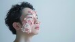 A Japanese person’s visage is subtly enhanced with real cherry blossom petals, symbolizing the transient beauty of spring.
