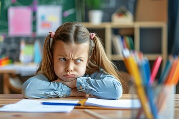 Wall Mural - A girl is sitting at a desk with a blue shirt on and a frown on her face