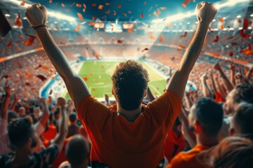 A man is standing in a stadium full of people, cheering and celebrating. Football fans cheering for the team