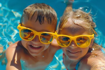 Sticker - Group of happy children on summer vacation. Background with selective focus and copy space