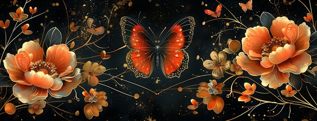 Wall Mural - Luxury gold oriental style background vector. Chinese and Japanese wallpaper pattern design of elegant butterflies and peony flower with gradient gold line texture. Design for decoration, wall decor