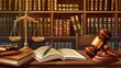 Illustration of the Law University Library Room with a Hammer Icon and Case Scale Balance