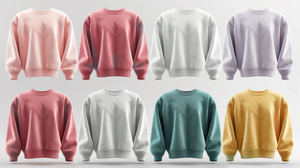 A set of blank sweatshirt mockups in a diverse color palette, presented in front and back views with a clean white backdrop, tailored for design showcases and fashion presentations. 