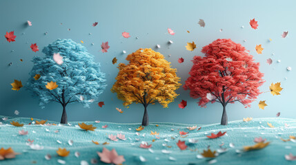 Poster - Four seasons tree isolated on white background, spring with flowers, green summer, yellow autumn, snow winter. Vector illustration. Paper cut cartoon style, nature and environment eco concept.