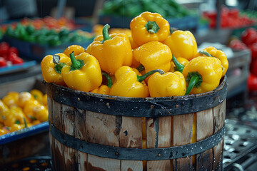 Poster - A bushel of vibrant yellow bell peppers is roasted until tender, adding a pop of color to a savory dish. Concept of colorful vegetables and culinary creativity. Generative Ai.