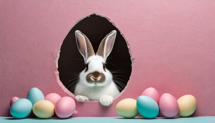 Wall Mural - Easter Bunny wearing sunglasses peeking out of a hole with colorful Easter eggs on a pink wall banner., AI Generative 