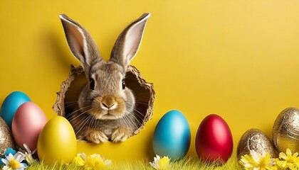 Wall Mural - Easter Bunny peeks out of a hole with chocolate Easter eggs on a pastel wall banner., AI Generative 