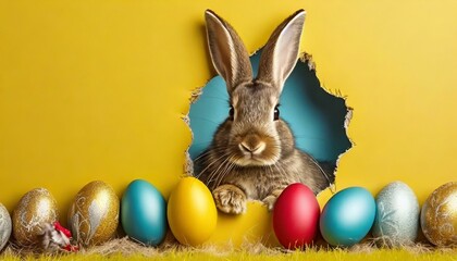 Wall Mural - Easter Bunny is peering out of a hole surrounded a pastel-colored Easter eggs on a wall banner with chocolate easter eggs, AI Generative 