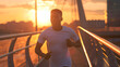 Young african american man is exercising in sunset on the bridge in the city