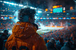 A lively sports stadium, where one fan cheers enthusiastically for their team, while another sits quietly, disheartened by the outcome of the game.  Generative Ai.