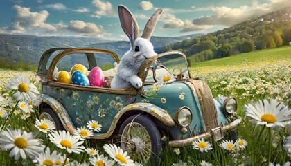 Wall Mural - A vintage car filled with colorful Easter eggs drives the bunny through a field of daisies as a joyful Easter Bunny takes the wheel.