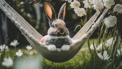 Wall Mural -  The Easter Bunny is taking a break from Easter eggs and enjoying some relaxation time in a hammock.