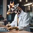 A giraffe wearing a scientist's lab coat and conducting experiments5
