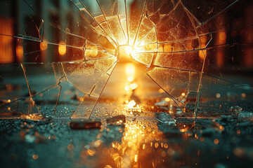 Wall Mural - a cracked mirror with shards scattered on the floor, indicating a moment of sudden impact or breakag