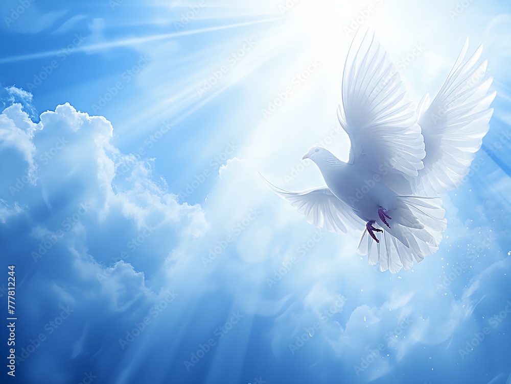 Holy Spirit dove is flying in clear blue sky, beautiful sun rays shine ...