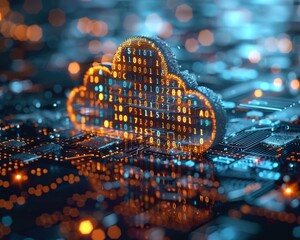 Cloud technology illustration concept with digital computer code in the shape of a cloud.