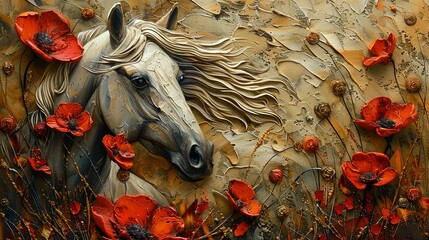 Plants, animals, horses, metal elements, texture background, modern paintings