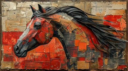 plants, animals, horses, metal elements, texture background, modern paintings