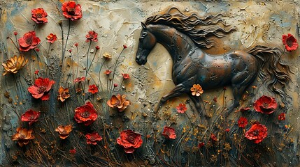 Plants, animals, horses, metal elements, texture background, modern paintings