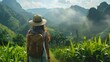 Back view A young woman traveler with hat and backpack in nature background. AI generated image