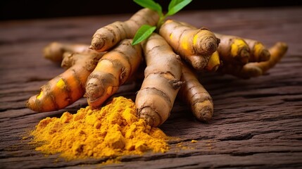 Turmeric roots with turmeric powder on wooden background