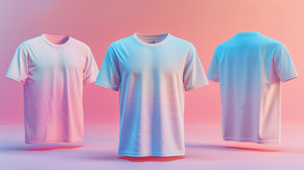 A suite of blank shirt mockups featuring gradient colors, with the front and back views set against a modernist backdrop, creating an impactful template for designers. 