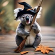 A koala wearing a witch hat and holding a broomstick for Halloween1