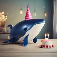 Wall Mural - A whale wearing a party hat and celebrating a birthday2