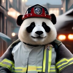 Wall Mural - A panda wearing a firefighter helmet and putting out a fire1