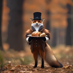 Wall Mural - A fox wearing a pilgrim hat and holding a Thanksgiving turkey1