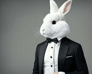 A man in a tuxedo holding a white rabbit in his arms.