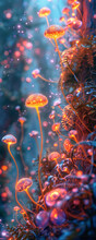 Exotic Alien Flora, Luminescent Pods, Sprawling Vine-like Stems, On A Vibrant Extraterrestrial Landscape Realistic, With Bioluminescent Lighting Effects And A Soft Focus Bokeh Effect